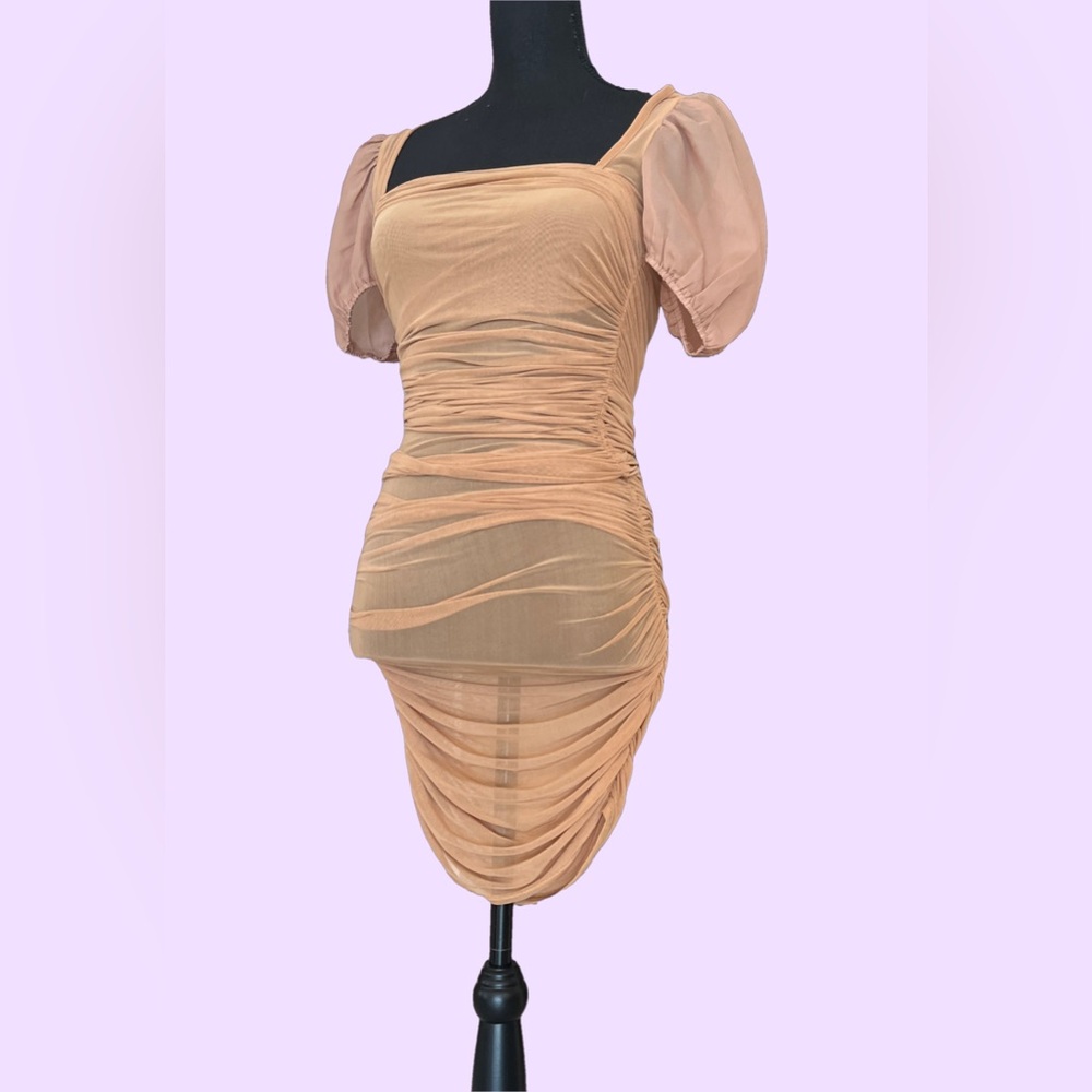 Peachy Ruched Mini Dress With Puffy Sleeves